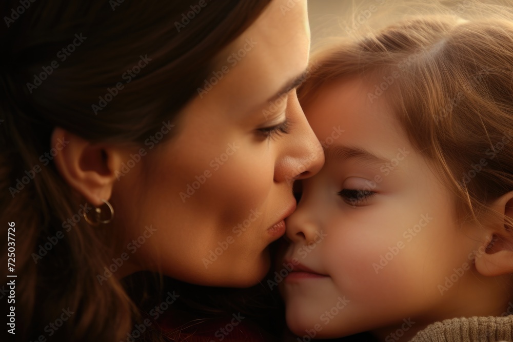 A heartwarming moment captured as a woman expresses affection by kissing a little girl on the cheek. Perfect for portraying love and tenderness in family relationships A heartwarming moment captured as a woman expresses affection by kissing a little girl on the cheek. Perfect for portraying love and tenderness in family relationships