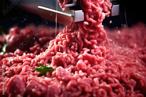 Ground beef being processed by a meat mill. Suitable for illustrating the process of meat production. Can be used in articles, blogs, or educational materials about food processing photo
