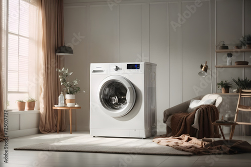 washing machine in a clean room with hud and flying clothes design as wide banner with copy space area photo