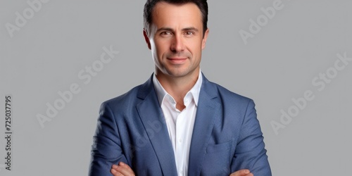 A professional man wearing a stylish blue suit stands with his arms crossed. Perfect for business or corporate concepts photo