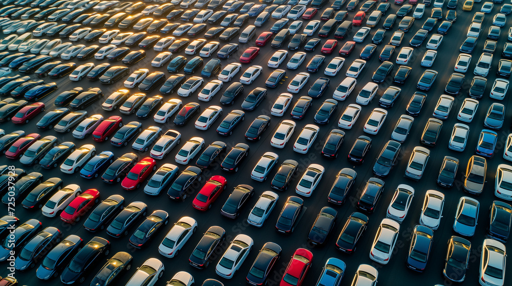 Fototapeta premium a huge parking lot of new cars in the port before loading onto the ferry, aerial view