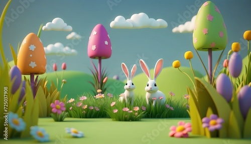 Two cute white rabbits with colorful landscape and a blurry cartoon background for Easter