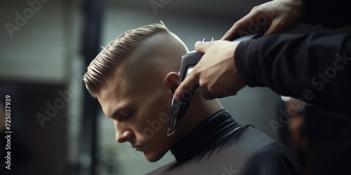 A man is shown getting his hair cut at a barber shop. This image can be used to showcase the experience of visiting a barber and getting a professional haircut