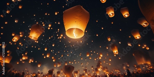 Group of people releasing paper lanterns into the night sky. Ideal for celebrations and special events © Fotograf