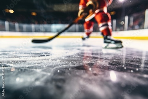 A picture of a hockey player on the ice with a stick. Can be used for sports-related designs and illustrations photo