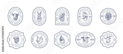 Meat Vegetables and Poultry Farm Retro Framed Badges Logo Templates Collection. Hand Drawn Domestic Animals and Birds Sketches with Retro Typography. Vintage Sketch Emblems Set Isolated photo