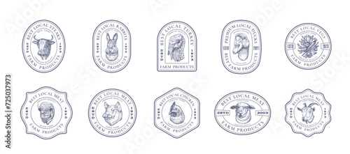 Meat Vegetables and Poultry Farm Retro Framed Badges Logo Templates Collection. Hand Drawn Domestic Animals and Birds Sketches with Retro Typography. Vintage Sketch Emblems Set Isolated