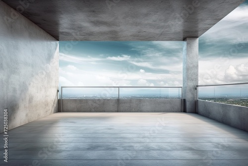 Interior of empty concrete balcony with a blank mock up space for your advertisement on the wall and a panoramic view of the sky and clouds
