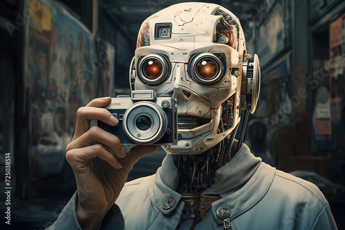 Ilustración de robot con aspecto humano tomando fotos con una cámara de fotos de aspecto retro