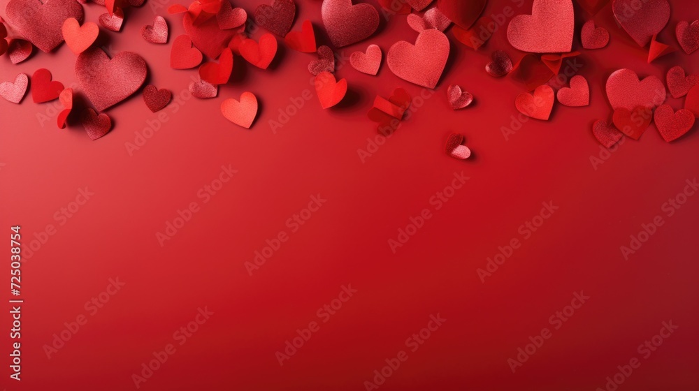 A vibrant red background filled with an abundance of paper hearts. Perfect for Valentine's Day or any romantic occasion A vibrant red background filled with an abundance of paper hearts. Perfect for Valentine's Day or any romantic occasion
