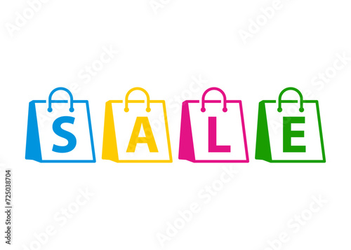 Logo con letras de la palabra SALE en varias bolsas de la compra de papel