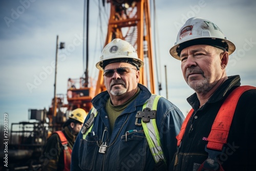 Two Men Standing Next to Each Other in Front of a Crane