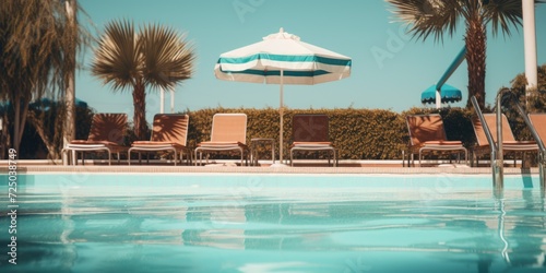 A relaxing poolside scene with lounge chairs and an umbrella. Perfect for travel brochures or hotel advertisements