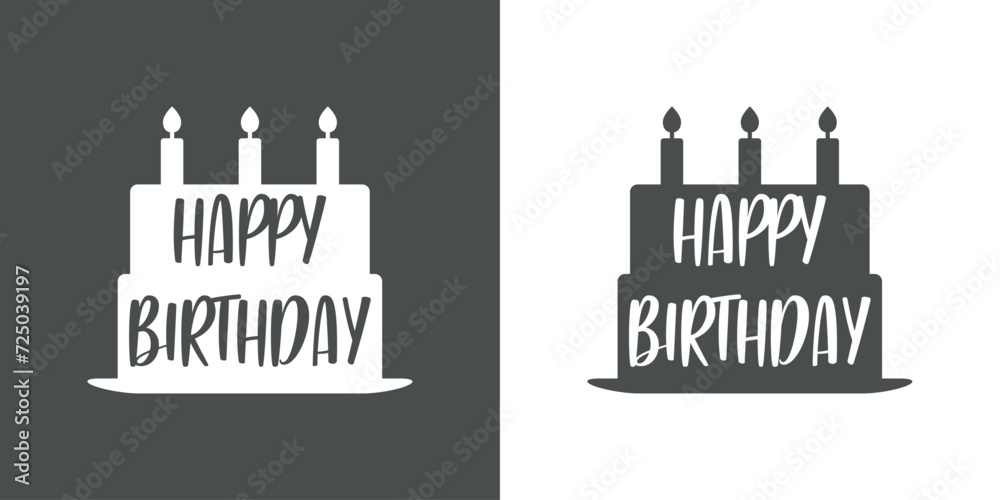 Logo con silueta de tarta con velas encendidas y texto Happy Birthday para su uso en tarjetas y felicitaciones - obrazy, fototapety, plakaty 