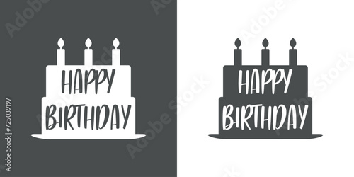 Logo con silueta de tarta con velas encendidas y texto Happy Birthday para su uso en tarjetas y felicitaciones photo