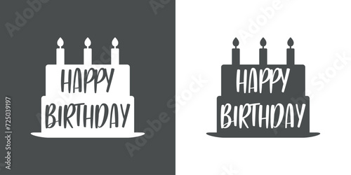 Logo con silueta de tarta con velas encendidas y texto Happy Birthday para su uso en tarjetas y felicitaciones