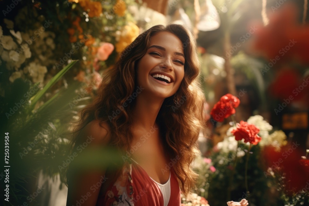 A woman happily smiling in front of a beautiful bunch of flowers. Perfect for showcasing joy and happiness. Ideal for use in greeting cards, advertisements, and social media posts A woman happily smiling in front of a beautiful bunch of flowers. Perfect for showcasing joy and happiness. Ideal for use in greeting cards, advertisements, and social media posts