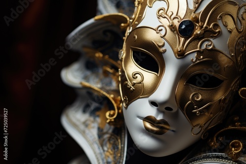 A close up shot of a mask with a clock in the background. Can be used to depict mystery or time-related concepts © Fotograf