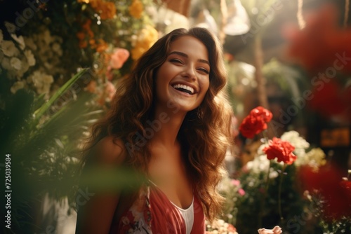 A woman happily smiling in front of a beautiful bunch of flowers. Perfect for showcasing joy and happiness. Ideal for use in greeting cards, advertisements, and social media posts
