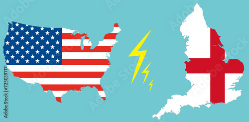 Map of United States of America and England on flag inside. US vs England.