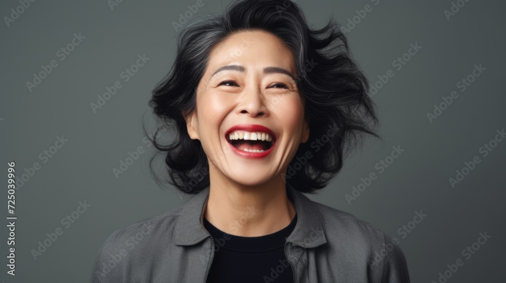 A woman is pictured laughing with her mouth wide open. This image can be used to depict joy, happiness, humor, or a fun moment