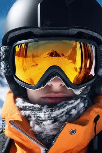 A person wearing a helmet and goggles in the snow. Perfect for winter sports and outdoor activities
