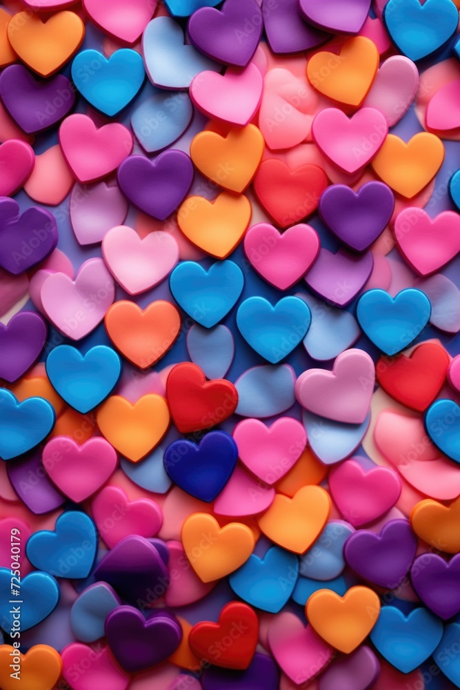Colorful hearts arranged on a table. Perfect for Valentine's Day or love-themed designs