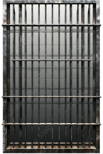 A picture of a jail cell with sturdy iron bars and a simple bench. Perfect for illustrating incarceration, punishment, or the justice system.