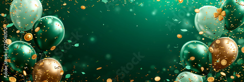 St. Patrick's Day card with Irish colored balloons on a green background, confetti and clover with gold coins, space for text. Banner.