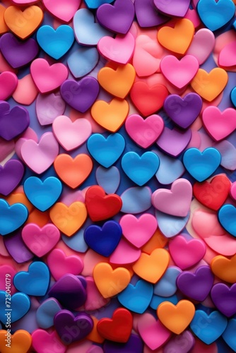 Colorful hearts arranged on a table. Perfect for Valentine's Day or love-themed designs