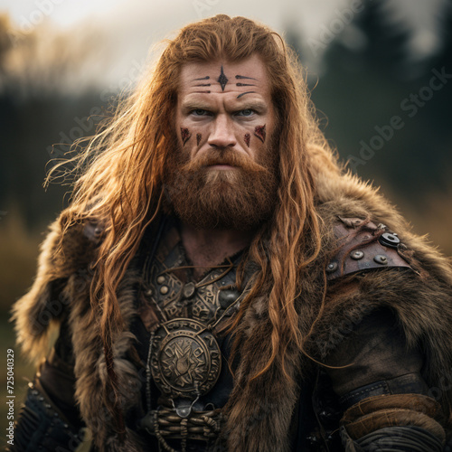 Portrait of a red hair middle ages or antiquity barbarian male warrior fighter in nature. Fearless look.  photo