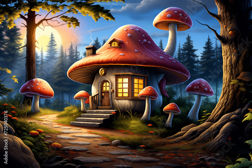 Fantasy mushroom house in the forest at sunset