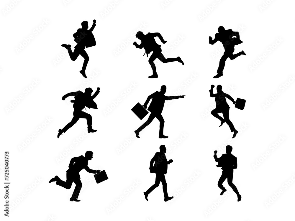 Set of Worker or Businessman in suit running fast Silhouette in various poses isolated on white background