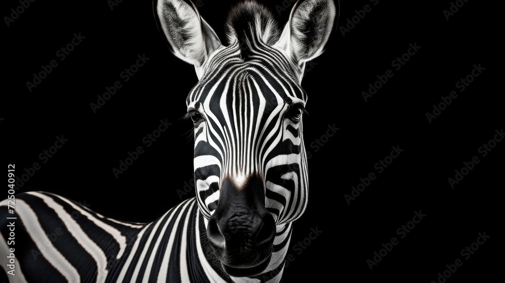 Close-up view of a zebra's face with its distinctive black and white stripes against a black background. Perfect for wildlife enthusiasts and animal-themed designs Close-up view of a zebra's face with its distinctive black and white stripes against a black background. Perfect for wildlife enthusiasts and animal-themed designs