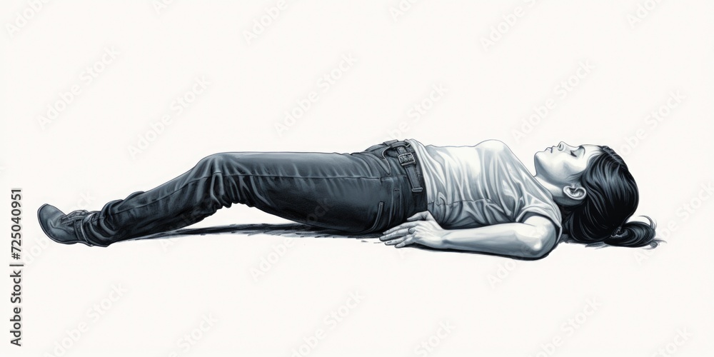 A drawing of a woman laying on the ground. Can be used to depict relaxation, vulnerability, or rest