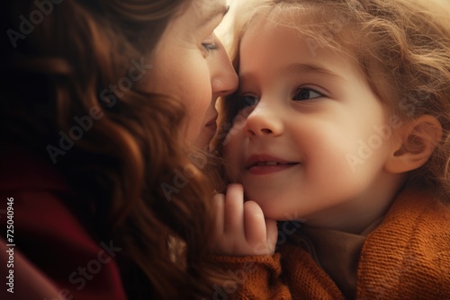 A woman and a little girl are sharing a heartfelt moment as they look into each other's eyes. This image captures the bond between generations and the love shared within a family.