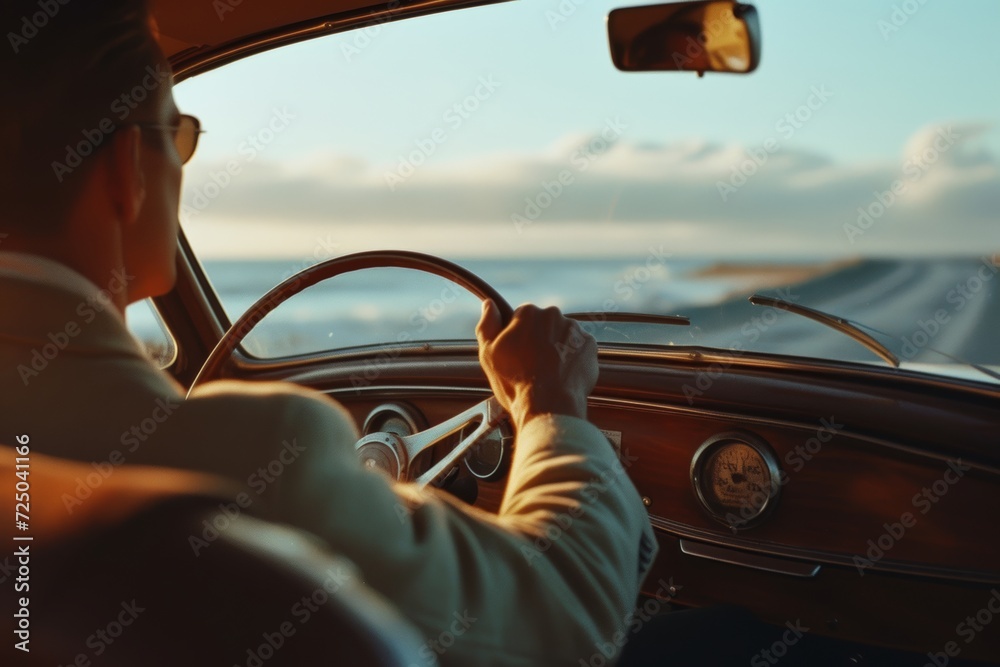 Naklejka premium A solitary figure navigates the open road, his hands firmly grasping the steering wheel as the sky stretches endlessly above, the sleek car gliding effortlessly forward while the world blurs past the