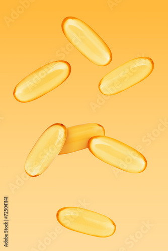 Vitamin. Softgel capsules falling on orange gradient background
