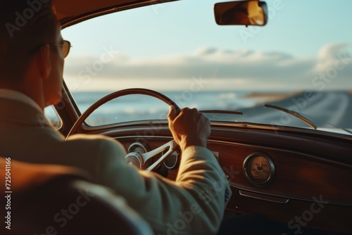Fotografia A solitary figure navigates the open road, his hands firmly grasping the steerin