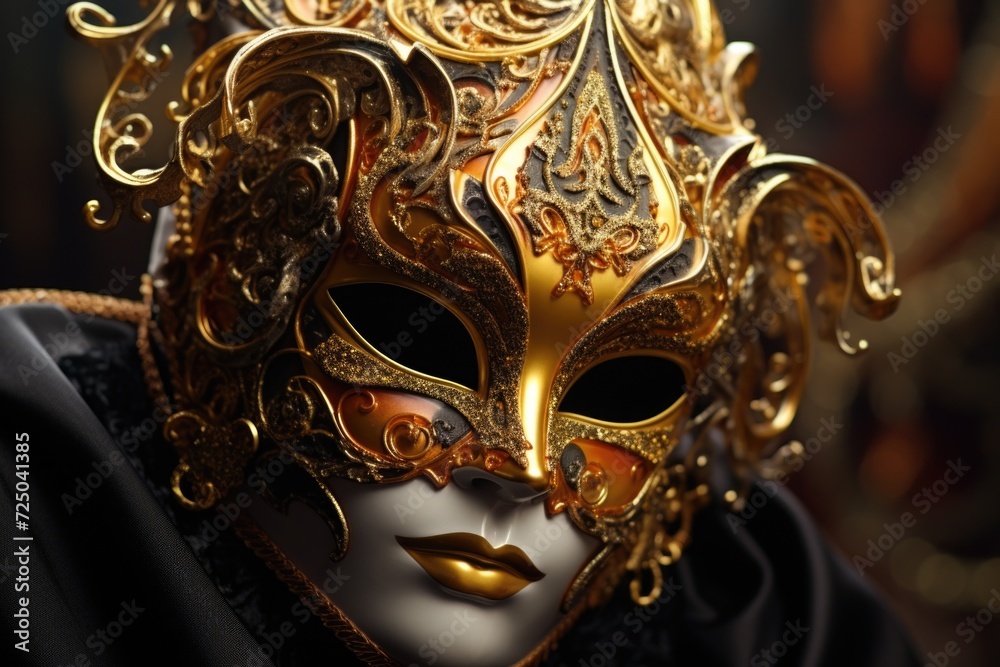 A detailed close-up of a mask on a mannequin. This image can be used for various purposes, such as fashion design, Halloween-themed projects, or as a prop in a theater production