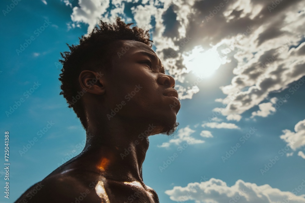 Bottom view, Handsome african american Man under Sun, Summer Vacation. Enjoy summer holidays, outdoor portrait of relaxing young black man traveler bottom view Bottom view, Handsome african american Man under Sun, Summer Vacation. Enjoy summer holidays, outdoor portrait of relaxing young black man traveler bottom view