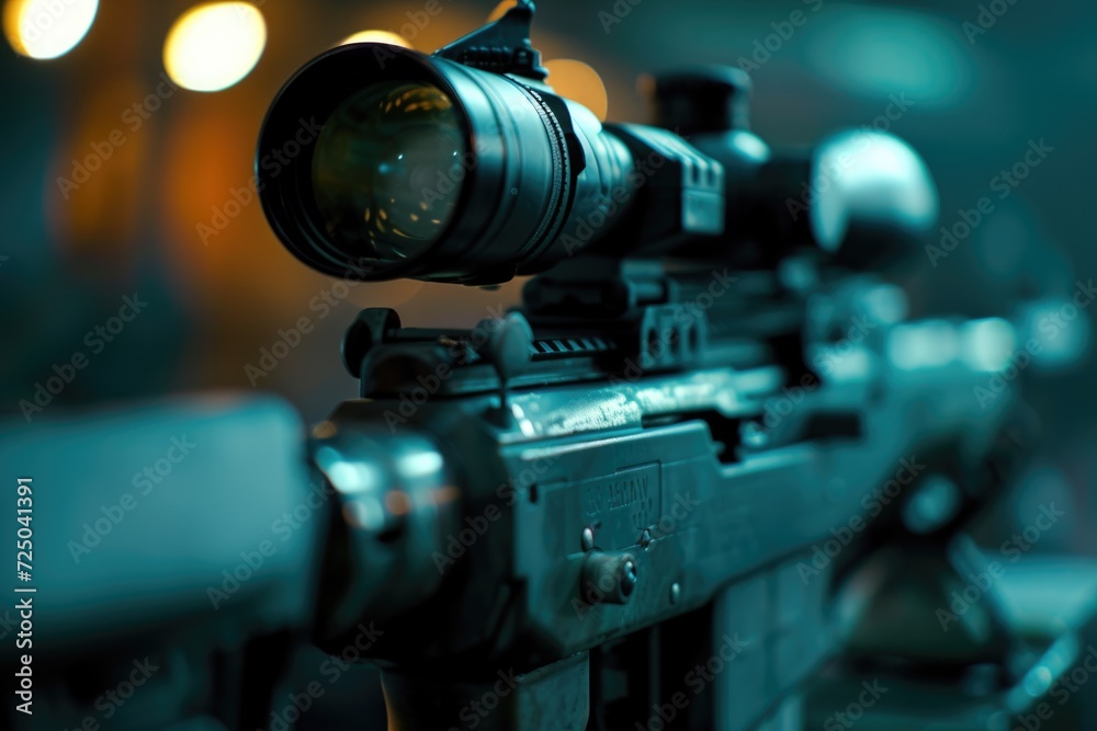 A close-up view of a rifle with a light attachment. This image can be used to depict military, law enforcement, or hunting themes