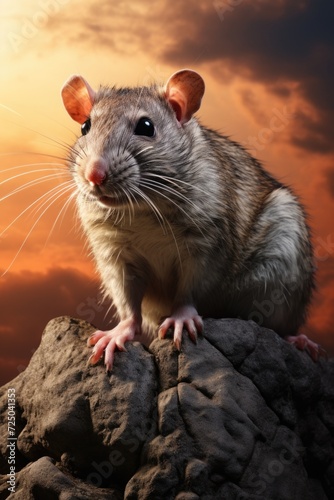 A rat sitting on top of a rock. Can be used to depict rodents, wildlife, or nature themes