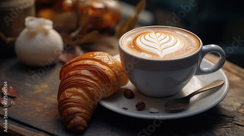 A cup of coffee and a croissant placed on a table. Suitable for cafe and breakfast concepts