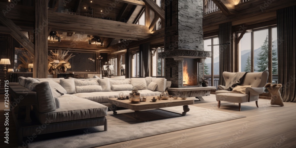 A warm and inviting living room filled with comfortable furniture and a crackling fire in the fireplace. Perfect for creating a cozy atmosphere in any home