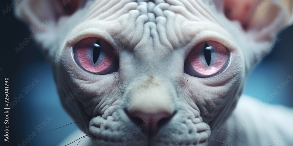 A close-up view of a cat with unique pink eyes. This captivating image can be used to add a touch of mystery and intrigue to various projects A close-up view of a cat with unique pink eyes. This captivating image can be used to add a touch of mystery and intrigue to various projects