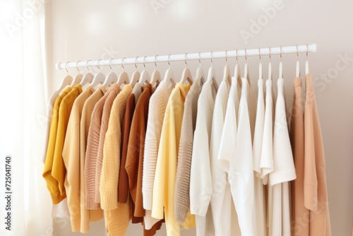 A row of clothes hanging on a rack. Can be used for fashion, retail, or laundry themes