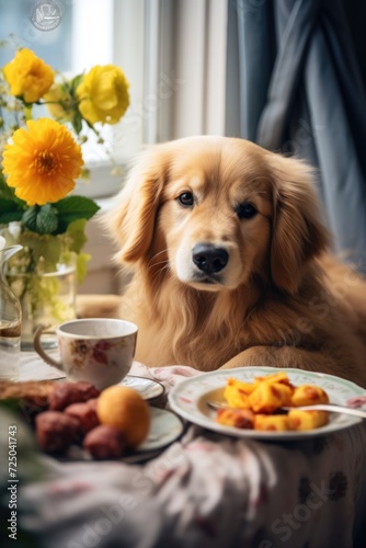 A dog sitting at a table with a plate of food. Suitable for pet-related content or food-related themes