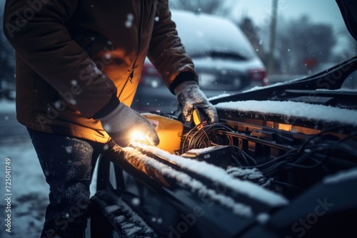 A man is seen working on a car in the snow. This image can be used to depict winter car maintenance or a breakdown during snowy conditions
