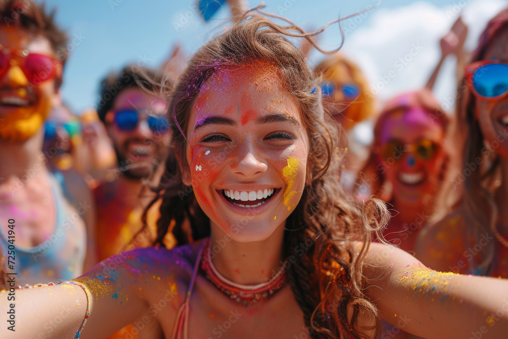 A group of friends joyfully celebrating the Holi festival, covered in vivid colored powders, creating a spectacle of unity and diversity. Concept of vibrant cultural celebrations. Generative Ai.